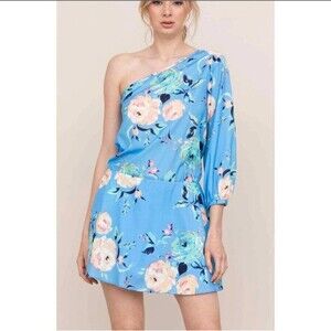 NWT Anthropologie YUMI KIM Mini Dress LARGE Blue Rose Garden One Shoulder Floral